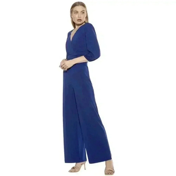ALEXIA ADMOR Jumpsuit XL 16 18 Royal Blue Wide Leg Flare V Neck Ruched Romper - Picture 2 of 13